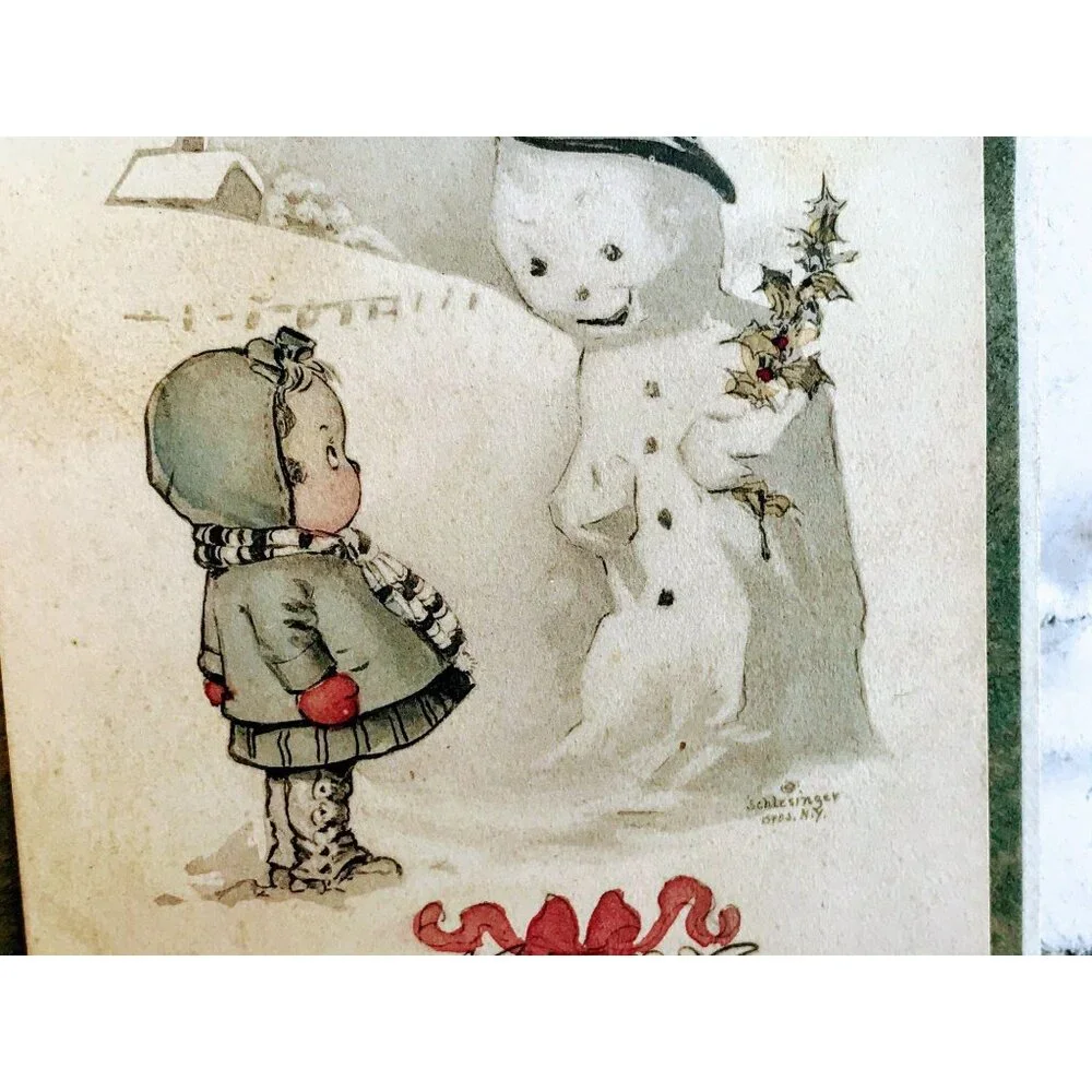 Antique 1915 Die cut Calendar Card Girl Snowman